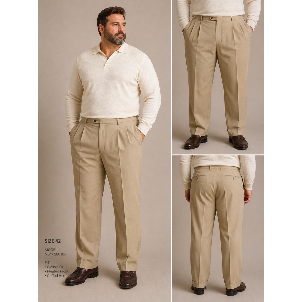Pronto Uomo Firenze Beige 100% Wool Pleated Cuffed High Waist Mens Pants 42